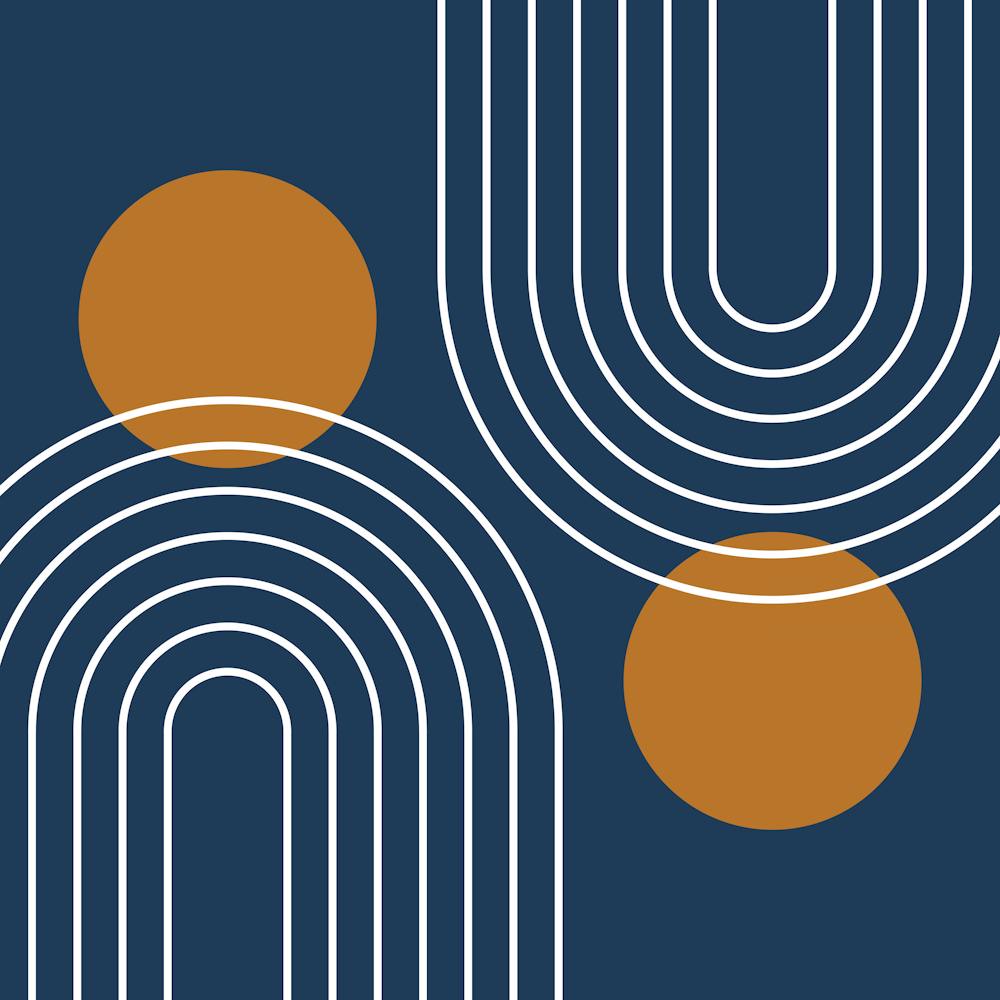 Mid Century Modern Geometric In Navy Blue And Copper (Rainbow And Sun Abstract) 02