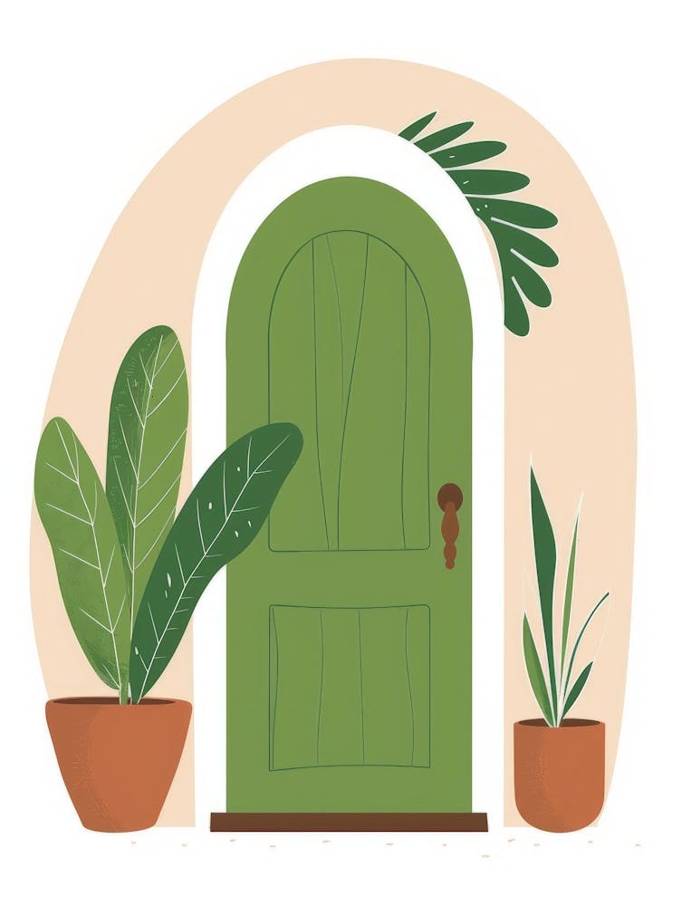 Green Door With Potted Plants 5