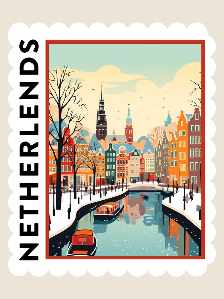 Retro Winter Stamp Poster Amsterdam Netherlands 1