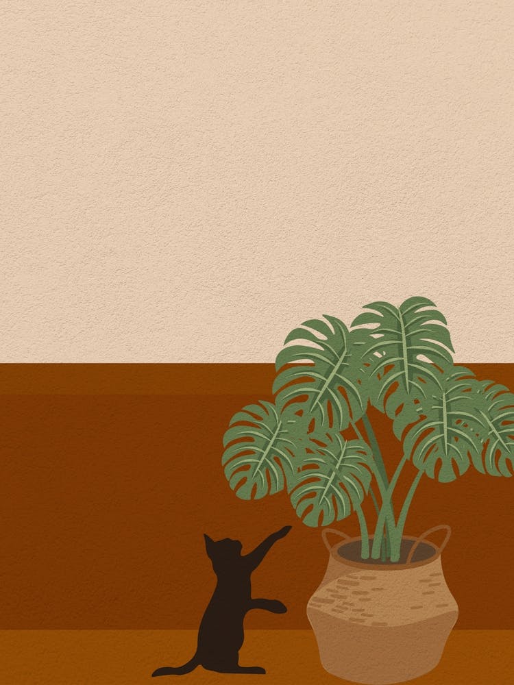 Minimal art of cat playing with plants
