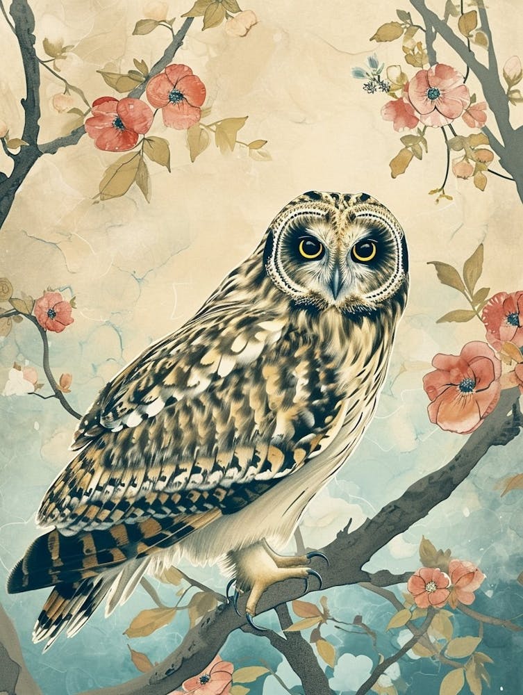 Short Eared Owl Japanese Painting 1