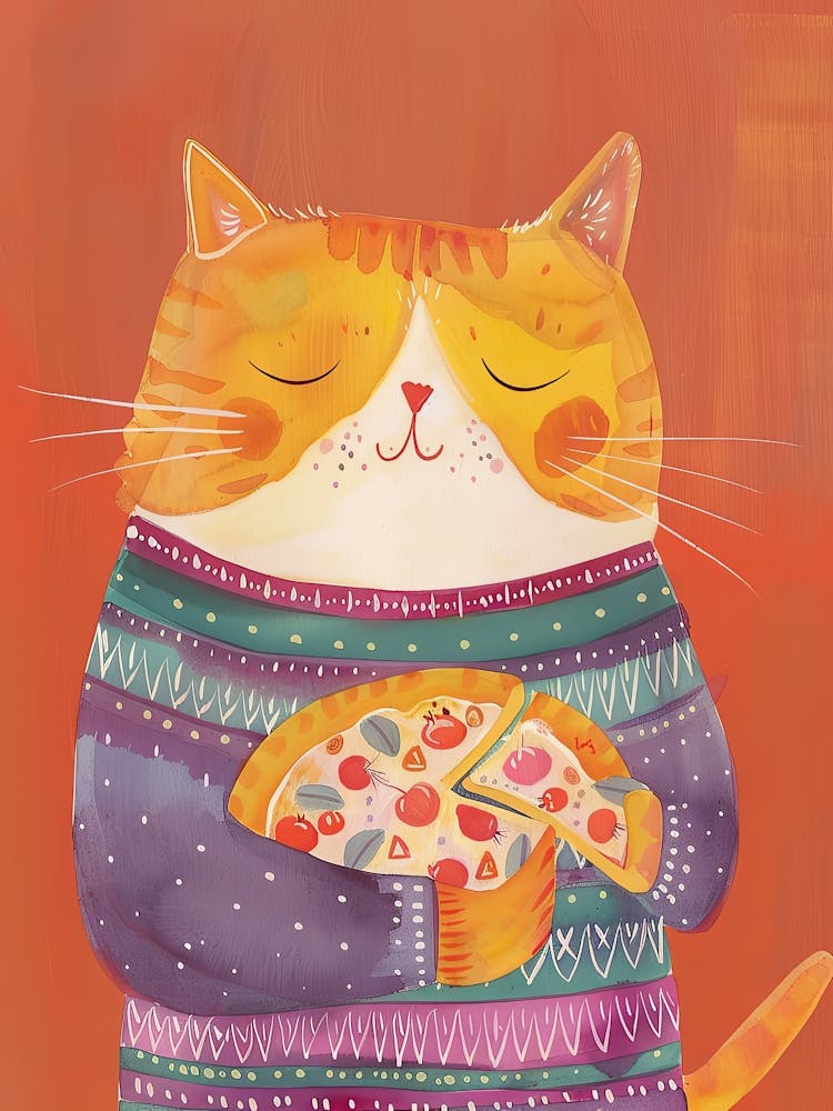 Orange Cat Pizza Lover Folk Illustration 1