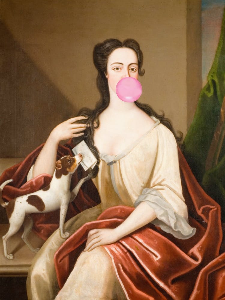 Renaissance Bubble Gum Portrait with Dog, Altered Art