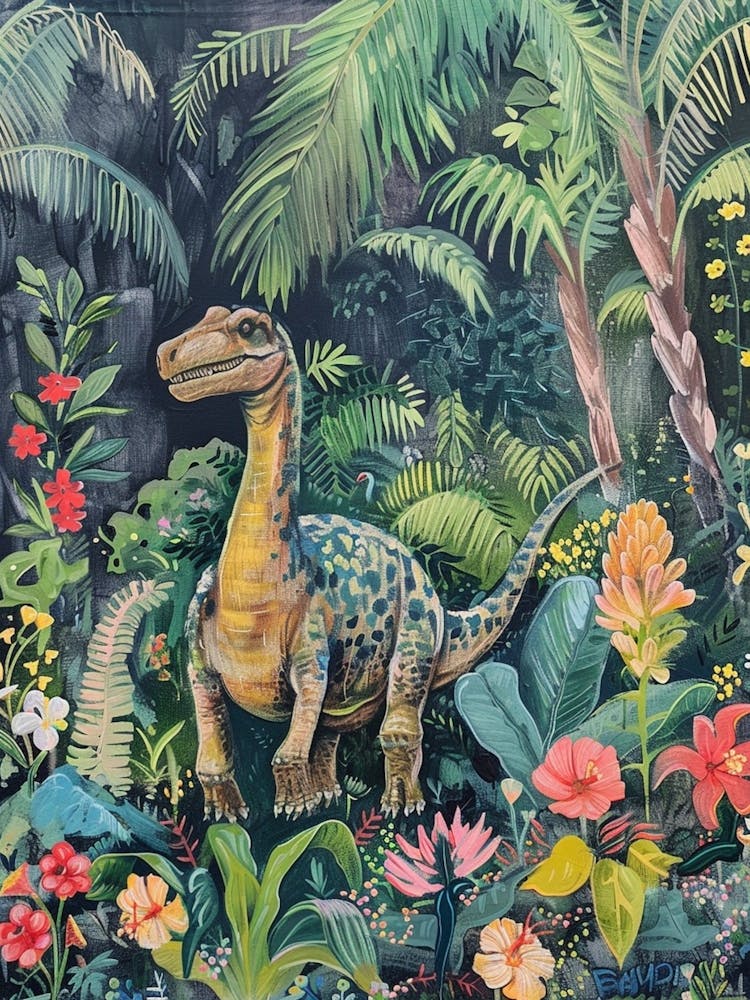 Dinosaur In Tropical Flowers Painting 1