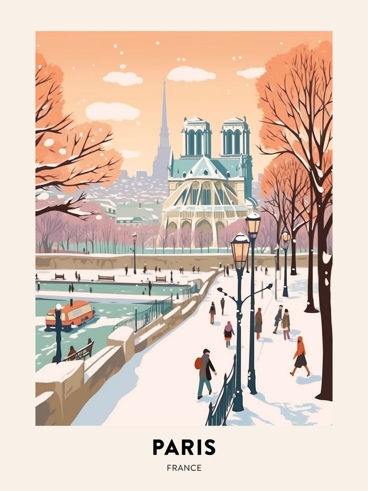 Vintage Winter Travel Poster Paris France 1