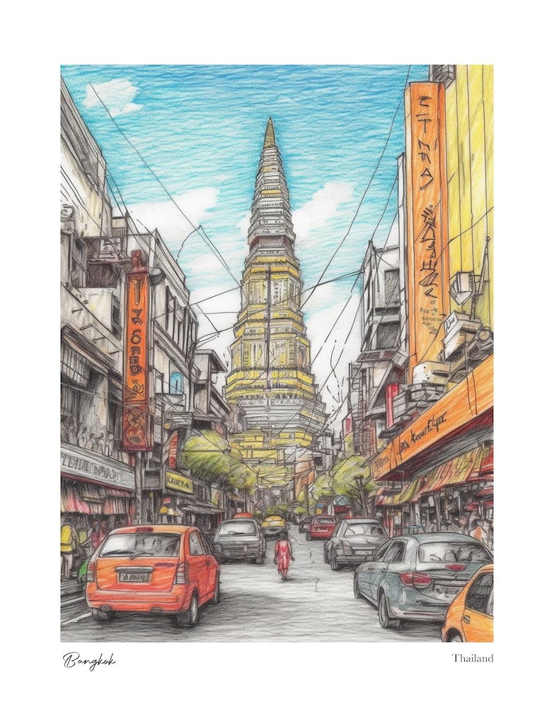 Bangkok Thailand Drawing Pencil Style 1 Travel Poster