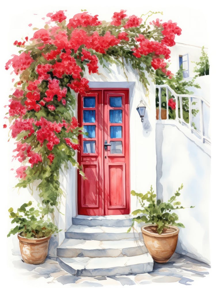 Santorini, Greece   Mediterranean Doors Watercolour Painting 7
