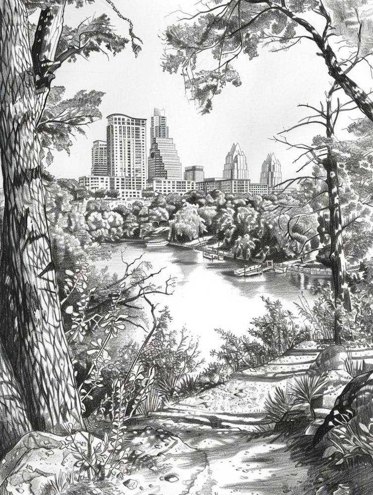Laguna Gloria Austin Texas Black And White Drawing 3