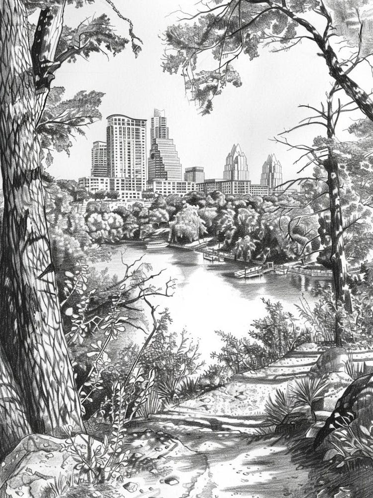 Laguna Gloria Austin Texas Black And White Drawing 3