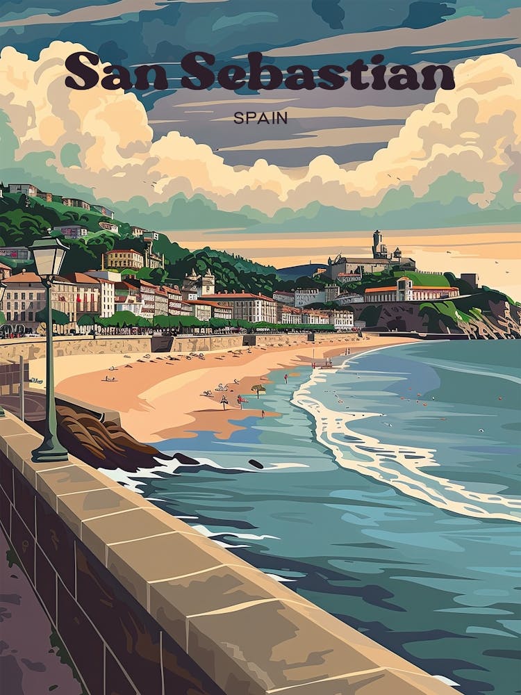 San Sebastian Spain Retro Travel Illustration