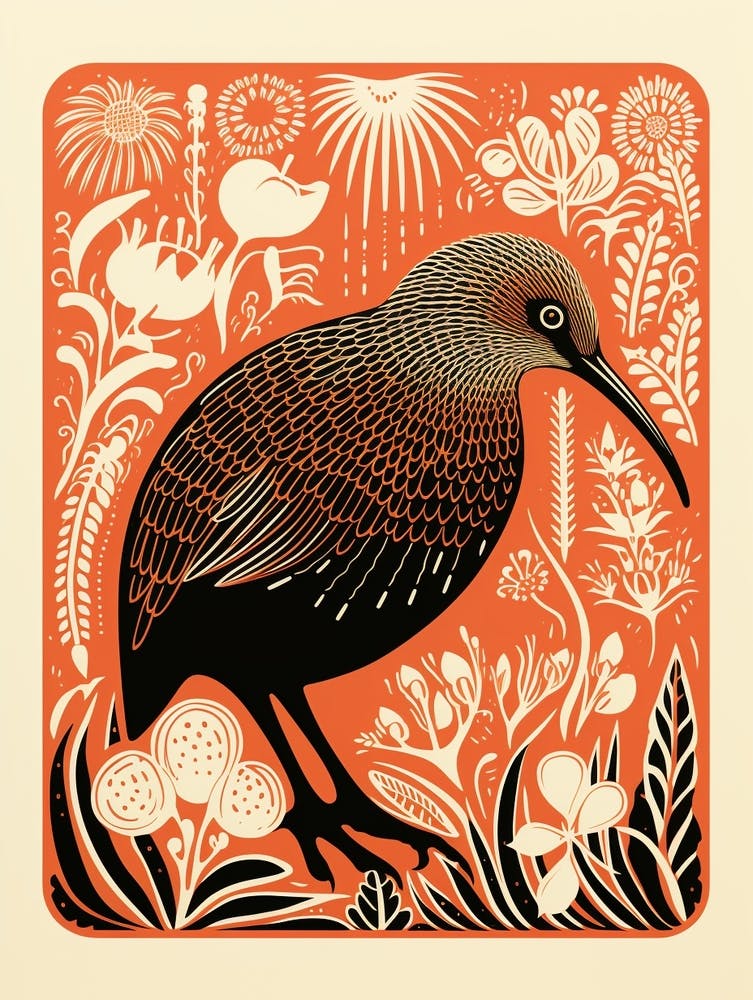 Vintage Bird Linocut Kiwi 2