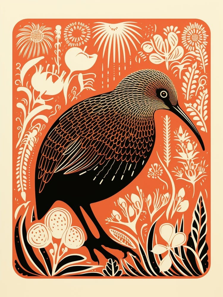 Vintage Bird Linocut Kiwi 2