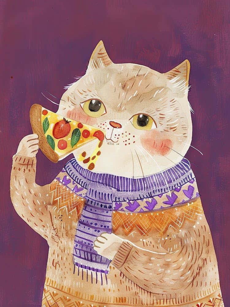 Brown Cat Pizza Lover Folk Illustration 1