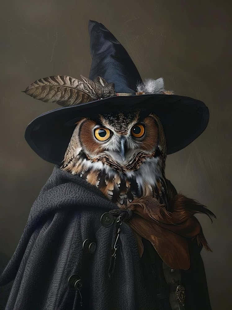 Halloween Wall Art, Cute Witch Owl Vintage Paintings, Vintage Halloween Decor, Victorian Animal Portrait Printable, Animal Lover Gift