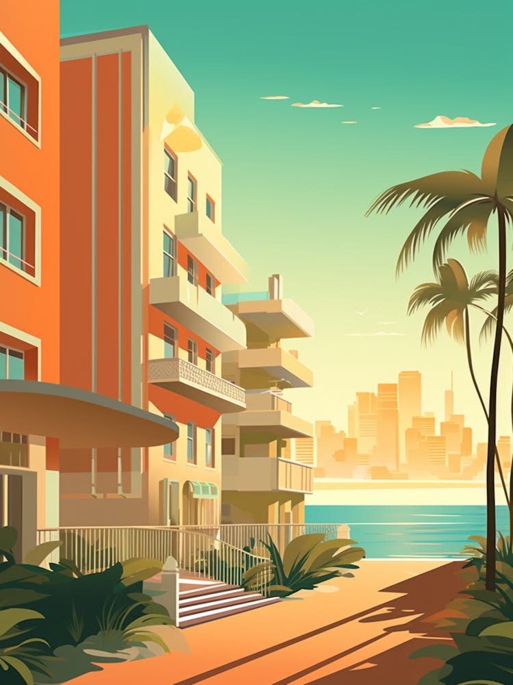 Abstract Illustration Of South Beach Miami Florida Orange Hues 3