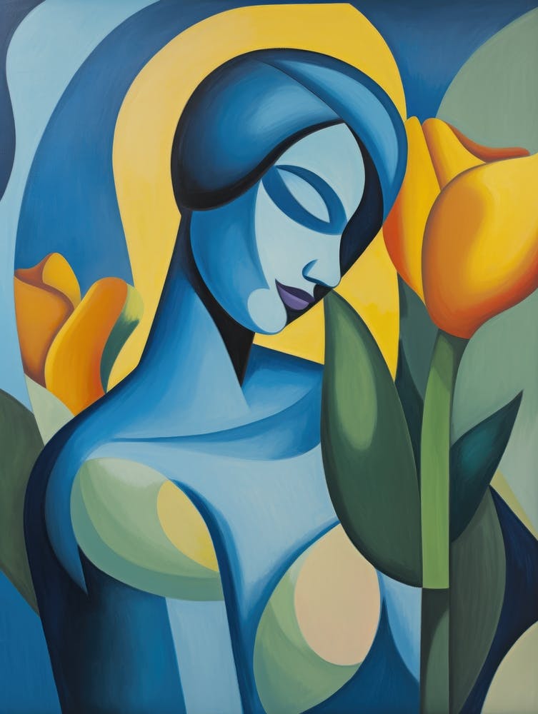 Blue Woman With Tulips