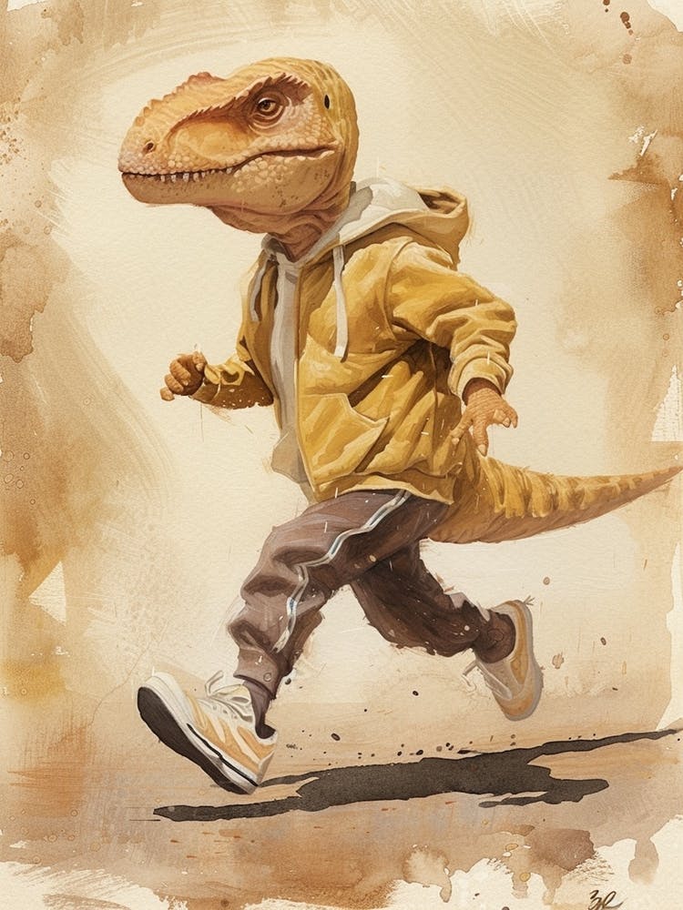 Dinosaurier rennt in einem Hoodie Beige