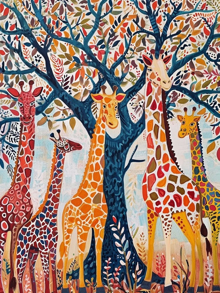 Cute Giraffe Herd Under The Trees Illustration 4
