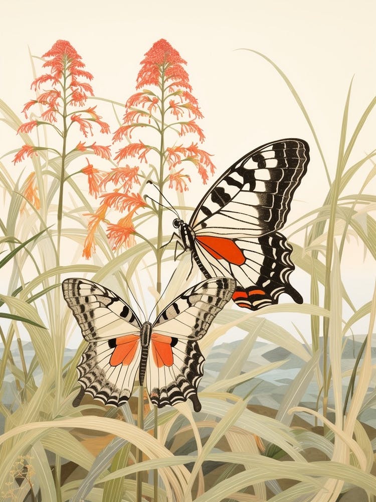 Red Flowers & Butterflies Japanese Style Painting 1