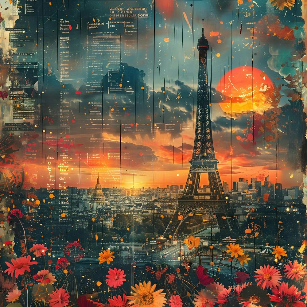 Paris au Coucher du Soleil avec fleurs, collage