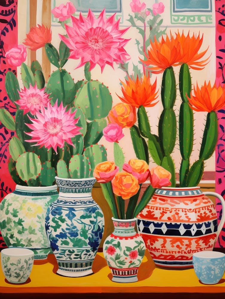 Cactus Painting Maximalist Still Life Echinocereus Cactus 4