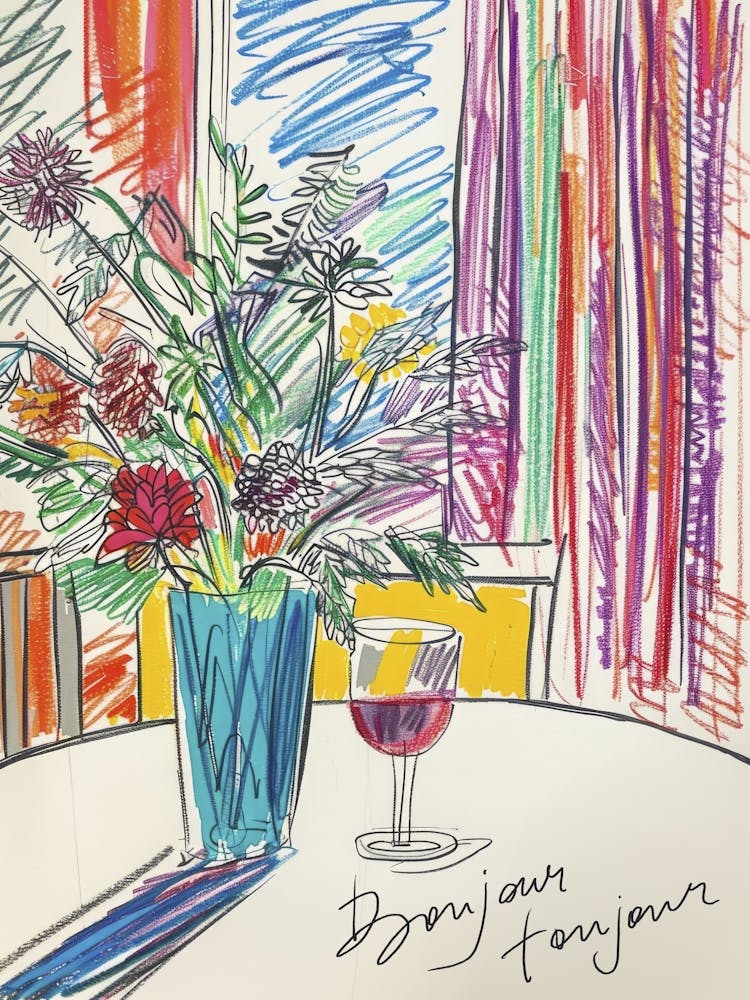 Bonjour Toujour. Flowers and Wine on the Table. Matisse Style Travel French Sketch
