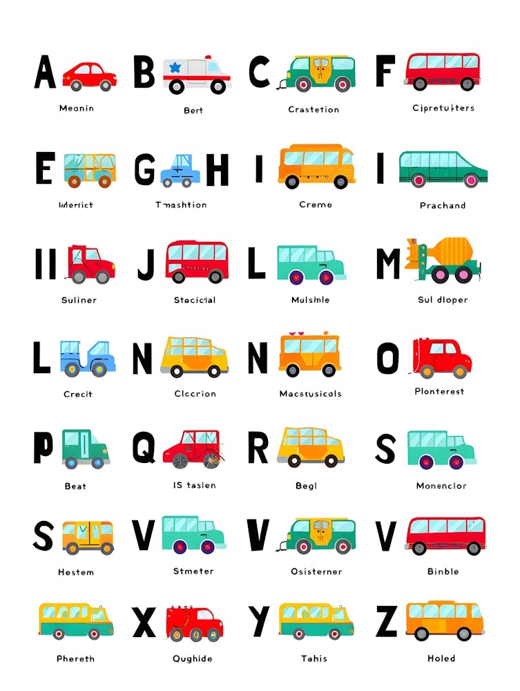 Educational Vehicle Alphabet Chart Print - Colorful ABCs for Kids