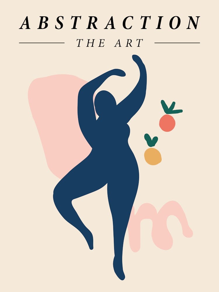 Dancing woman with fruits, Neutral abstract retro print, Exhibition, Mid century modern