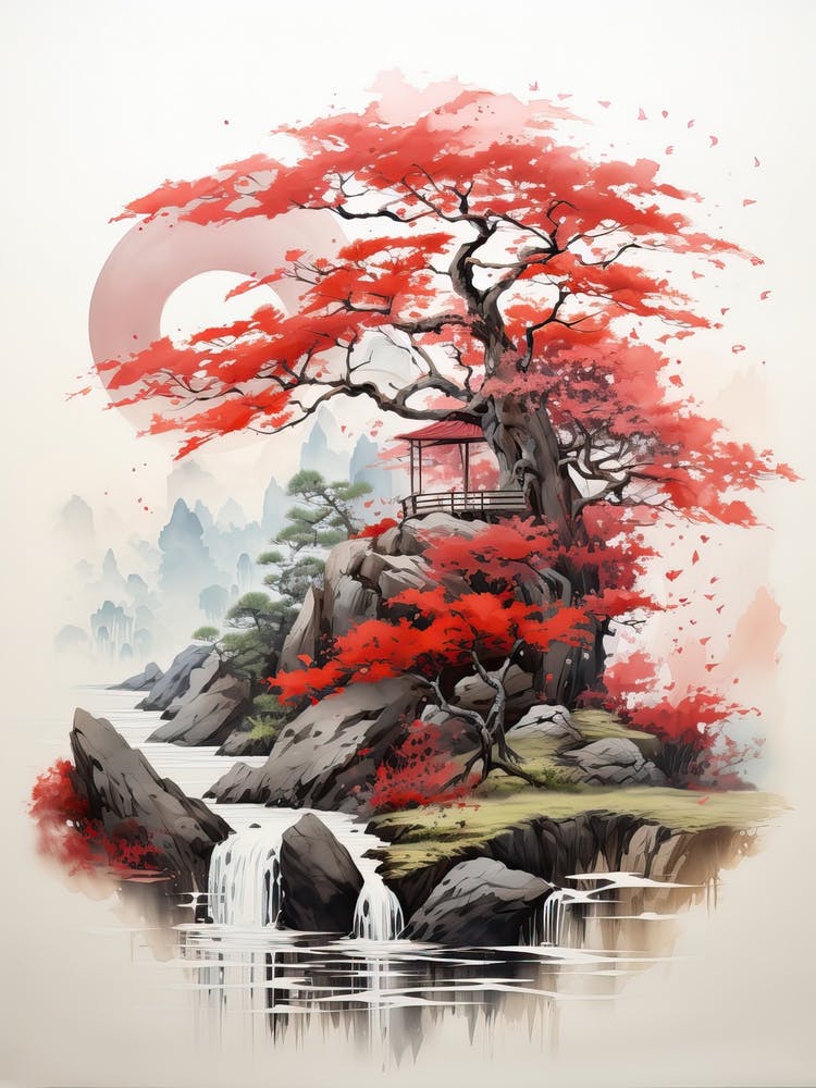 A Red Tree, Japanese Brush Painting, Ukiyo E, Minimal 1