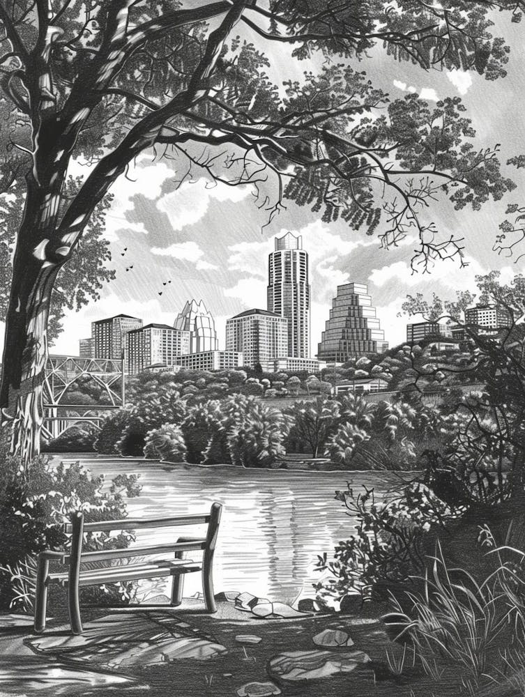 Mount Bonnell Austin Texas Black And White Drawing 3
