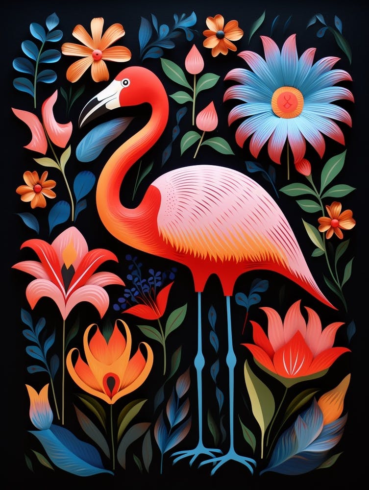Folk Bird Illustration Greater Flamingo 1