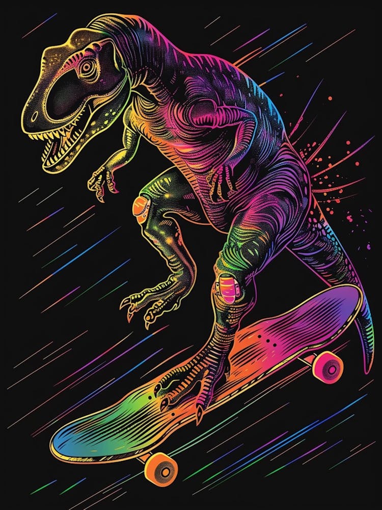 Neon Dinosaur Line Illustration On A Skateboard 3