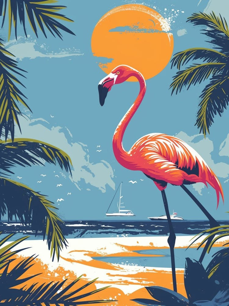 Greater Flamingo Renaissance Island Aruba Tropical Illustration 5