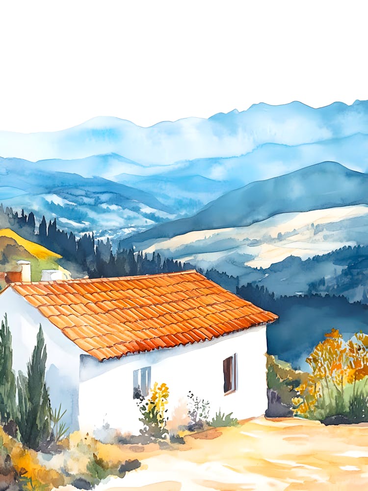 Rustic Countryside Cottage Watercolor Wall Art Serene Mountain Landscape Print