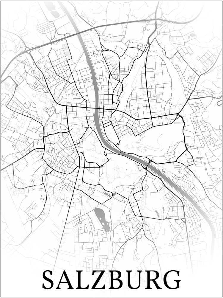 Salzburg, Salzburg, Austria, City Map, Black And White Fade Design
