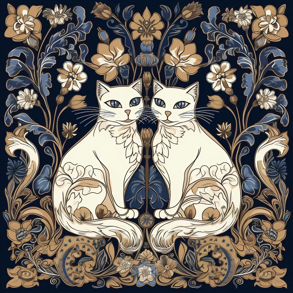 William Morris  Inspired  Classic Cats Blue And Gold Square
