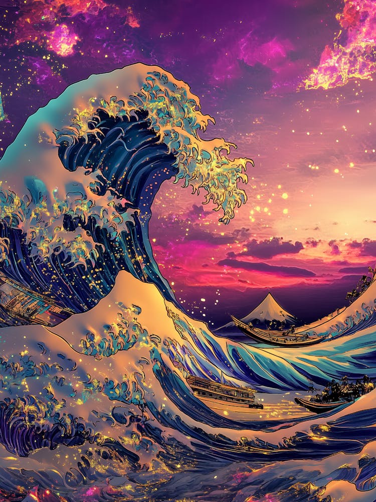 Great Wave Off Kanagawa, Reimagined Masterpiece in Synthwave Cyberpunk style.