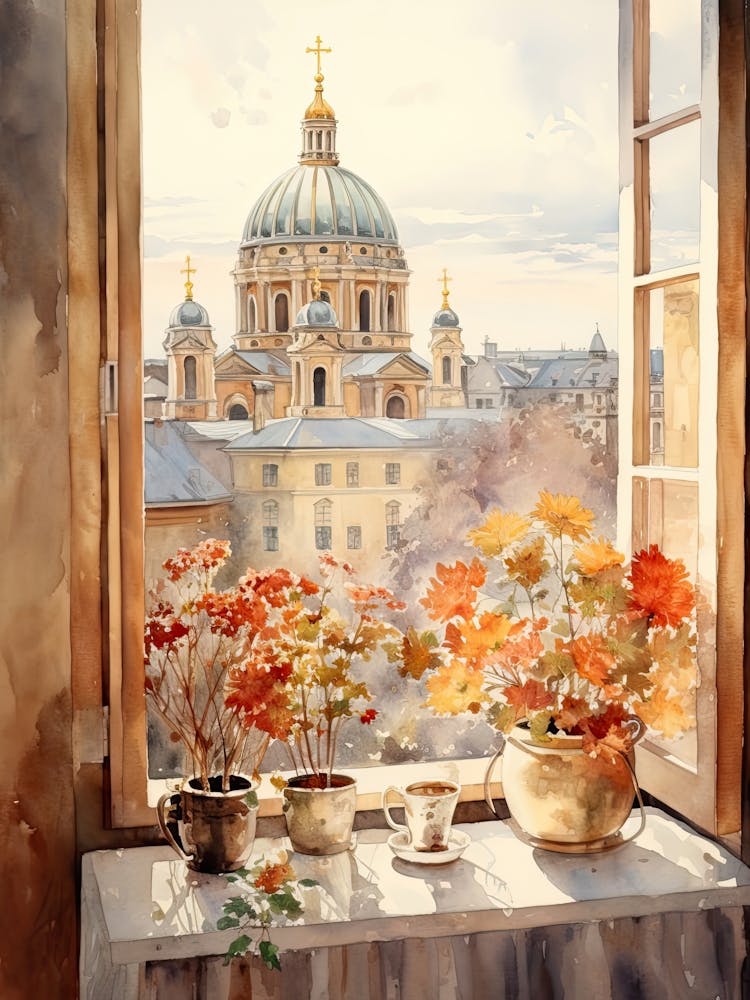Window View Of Berlin Germany In Autumn Fall, Watercolour 1