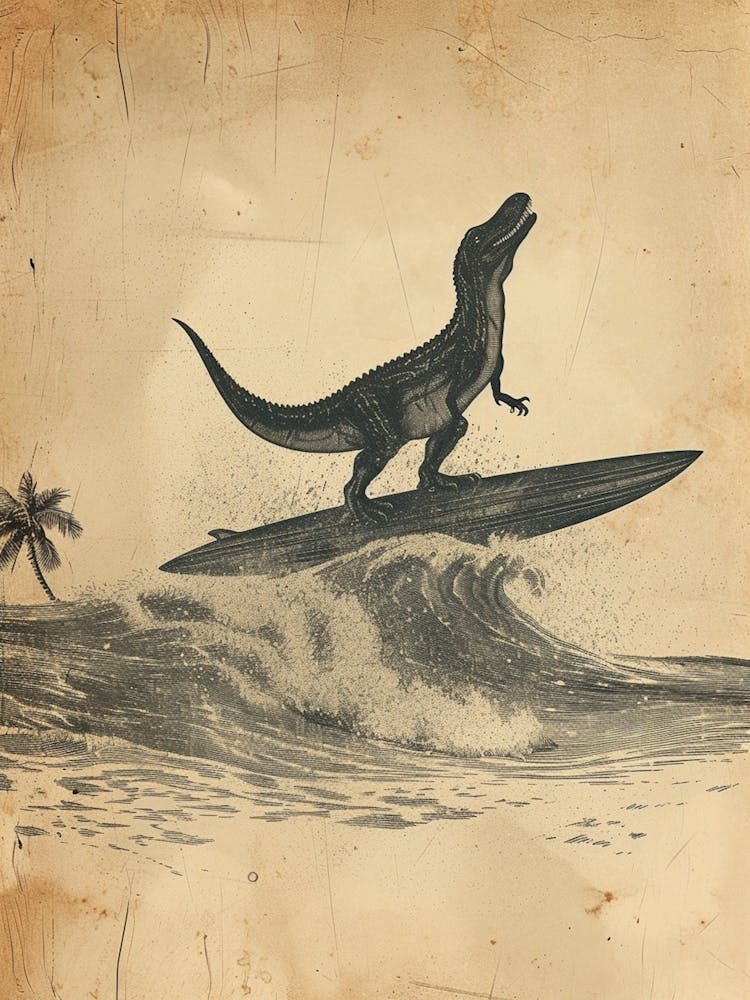 Vintage Icthyosaurus Dinosaur On A Surf Board 2