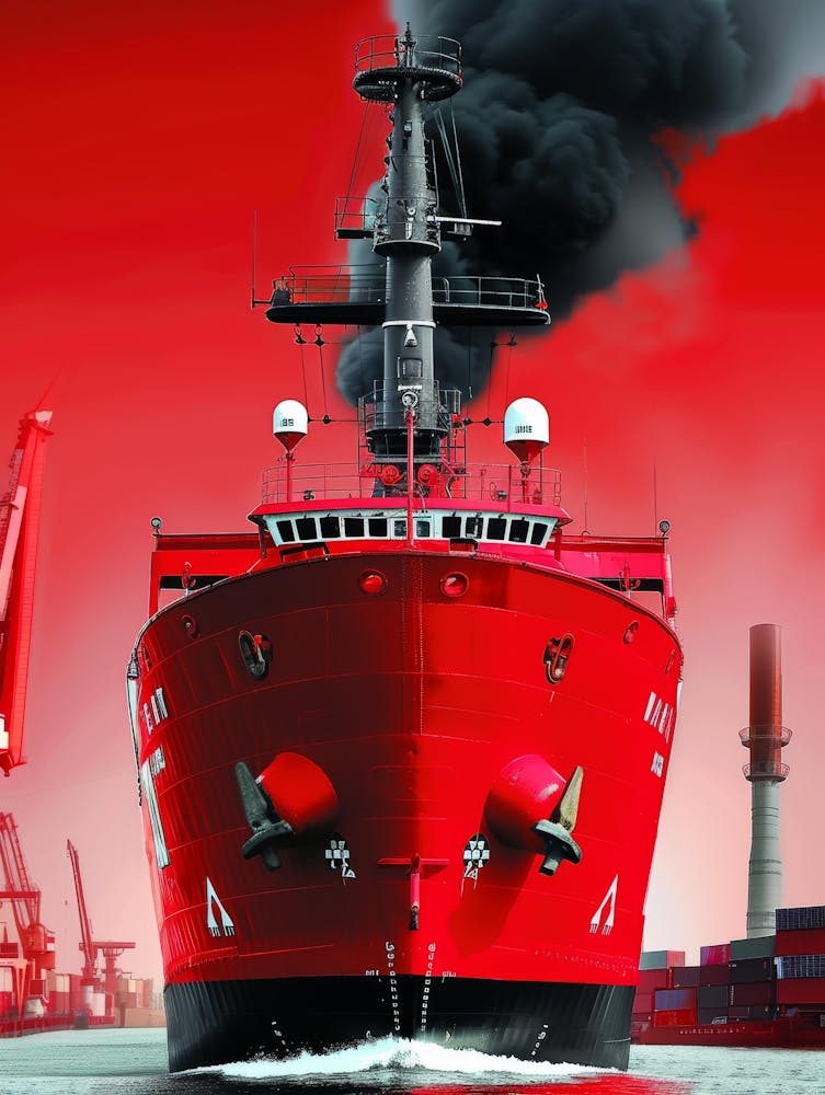 Red Ship With Smoke Coming Out Of It