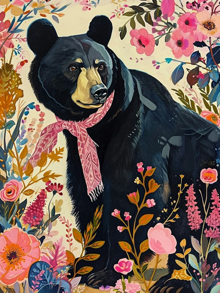 Floral Animal Painting Black Bear 3