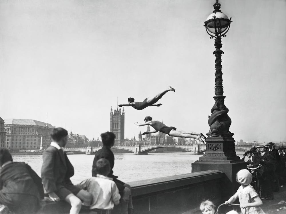 Diving Into Thames River, London, Vintage Black and White Photo