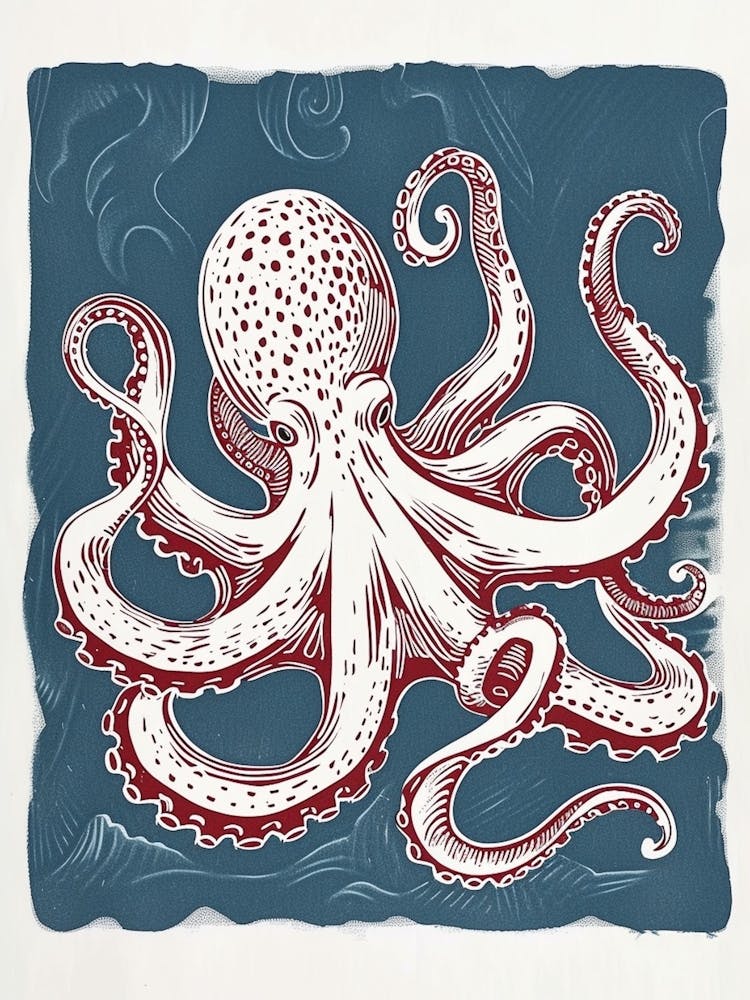 Navy Blue & Red Linocut Inspired Octopus 4