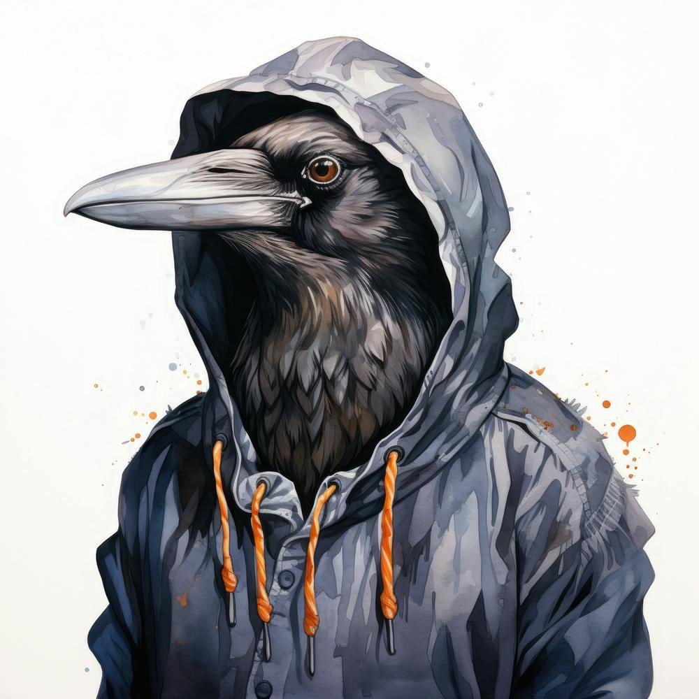 Watercolour Cartoon Crow In A Hoodie 1