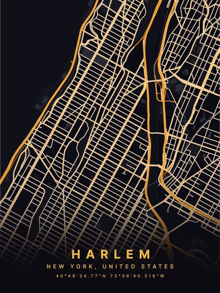 Harlem New York City USA Black And Gold Map