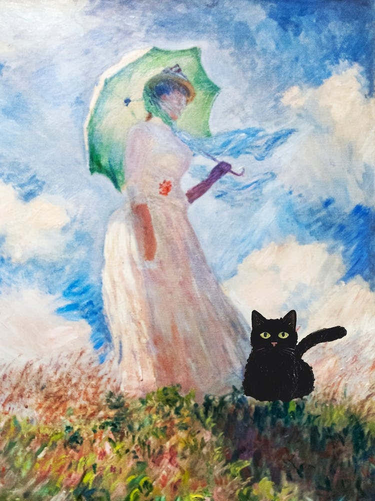 Claude Monet Suzanne Hoschede Woman With An Umbrella And A Black Cat