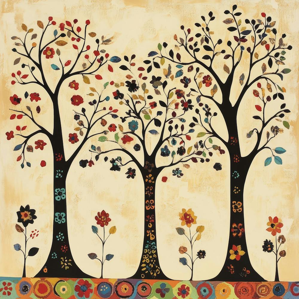 Folk Art Style Mosaic Trees 1