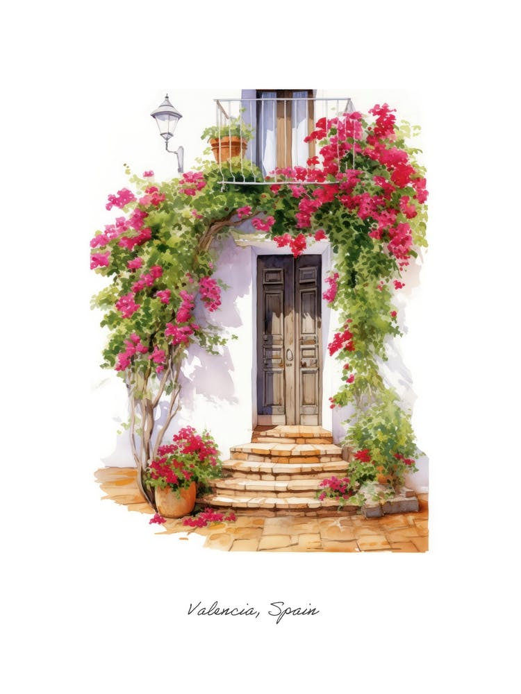 Valencia, Spain   Mediterranean Doors Watercolour Painting 4 Poster