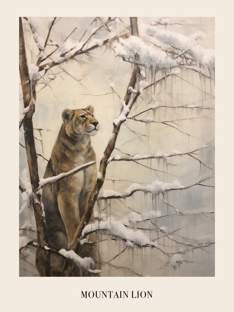 Vintage Winter Animal Painting Poster Mountain Lion 2