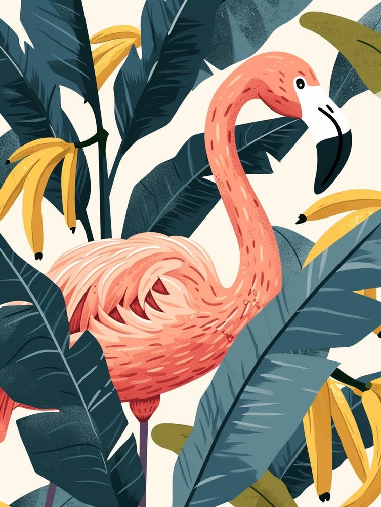 American Flamingo And Banana Plants Minimalist Illustration 3